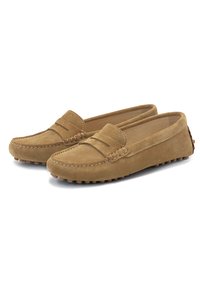 Suede loafers in light brown with a moccasin design, stitched accents, and a flexible rubber sole featuring small raised dots.
