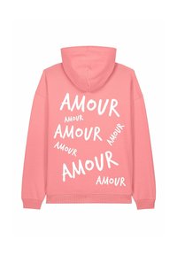 Felpa rosa con una grande grafica testuale bianca "AMOUR" in diverse dimensioni e orientamenti sulla schiena. Tessuto morbido, vestibilità comoda e cappuccio.