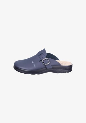 Navy blue slip-on clog with adjustable buckle strap, cushioned sole, and "FLY FLOT" branding on side.