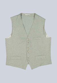 Hellgraue, strukturierte ärmellose Weste mit fünf vorderen Knöpfen und drei Taschen, flach auf einem hellen Hintergrund ausgelegt.