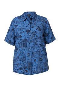 Camisa de botones de manga corta en tejido azul con un patrón dibujado en negro de varios monumentos y objetos. Textura suave y corte relajado.