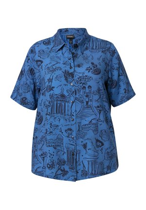 Koszulka z krótkim rękawem, zapinana na guziki, w niebieskim kolorze z czarnym wzorem przedstawiającym różne zabytki i obiekty. Gładka tekstura i luźny krój.