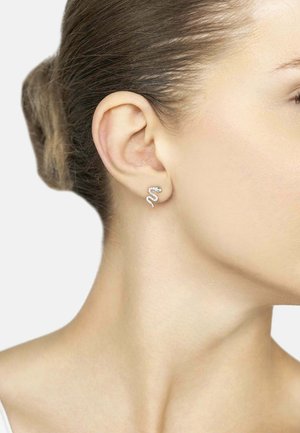 Pendiente plateado con forma de serpiente y diseño texturizado, acentuado con pequeñas piedras verdes y brillantes cristales transparentes, llevado en la oreja izquierda.