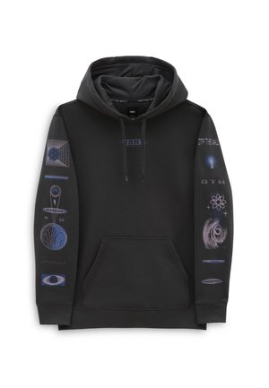 Czarna bluza Vans z kapturem i kieszenią z przodu, z motywami kosmicznymi na rękawach, w tym planetami, atomami i abstrakcyjnymi wzorami.