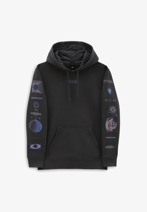 Sweat à capuche noir Vans avec poche avant, capuche et motifs à thème spatial sur les deux manches, incluant des planètes, des atomes et des dessins abstraits.