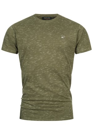 Olivgrünes T-Shirt mit kurzen Ärmeln aus weichem Stoff, das eine dezente melierte Textur aufweist und ein kleines weißes Logo auf der Brust hat.