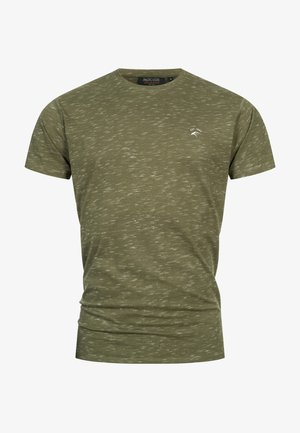 T-shirt a maniche corte verde oliva realizzato in morbido tessuto, caratterizzato da una leggera trama melangiata e da un piccolo logo bianco sul petto.