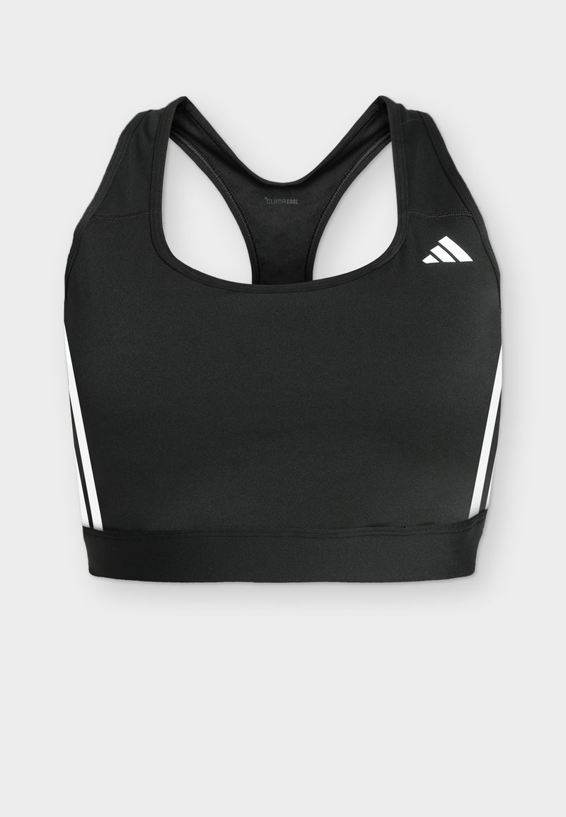 Μαύρο αθλητικό σουτιέν racerback με λευκό λογότυπο Adidas μπροστά δεξιά και λευκές ρίγες στα πλάγια σε ανοιχτό γκρι φόντο.