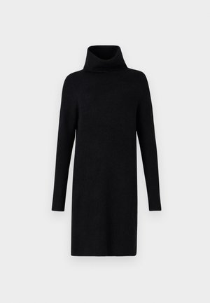Vestido negro de punto con cuello alto, mangas largas y corte relajado. Acabado de tela texturizada con un dobladillo recto.