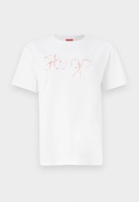 White cotton t-shirt featuring a cursive, shiny rose gold "Hugo" logo on the front. Standard crew neck and short sleeves.