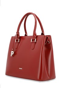 Red leather handbag with glossy finish, dual handles, silver hardware accents, and a keychain tag featuring a letter 'P' attached.