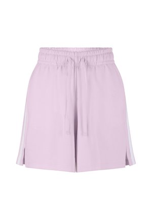 Lila korte broek met elastische taille en trekkoord, witte zijstrepen en kleine zijopeningen aan elke kant.
