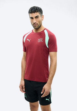 Mężczyzna ubrany w bordową sportową koszulkę marki Puma z jasnoniebieskimi akcentami oraz czarne spodenki Puma, stojący na jednolitym białym tle.