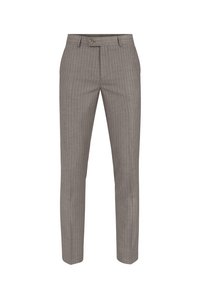 Szare, pasiaste spodnie z materiału, charakteryzujące się dopasowanym krojem, prostymi nogawkami, przednimi kieszeniami oraz zapięciem na guzik w talii.
