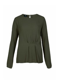 Olivinės žalios spalvos ilgomis rankovėmis bluzonas su apvaliu iškirpimu, priekyje raukšlėmis ir užsegimu su skylute nugaros pusėje. Lygus, lengvas audinys.