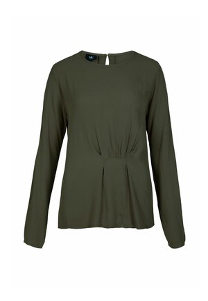 Olivinės žalios spalvos ilgomis rankovėmis bluzonas su apvaliu iškirpimu, priekyje raukšlėmis ir užsegimu su skylute nugaros pusėje. Lygus, lengvas audinys.