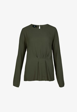 Olivinės žalios spalvos ilgomis rankovėmis bluzonas su apvaliu iškirpimu, priekyje raukšlėmis ir užsegimu su skylute nugaros pusėje. Lygus, lengvas audinys.