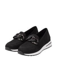 Černé semišové slip-on boty s pleteným detailem na přední straně a bílou a černou podrážkou, se strukturovaným designem a zaobleným tvarem.
