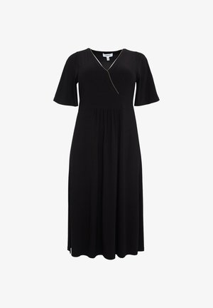 Zwarte midi-jurk met korte mouwen, V-hals met subtiele witte rand en geplooide taille.