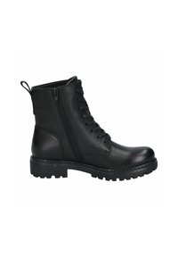 Botines negros de cuero texturizado, con cordones en la parte delantera, cremallera lateral, suelas resistentes y una lengüeta en la parte trasera.