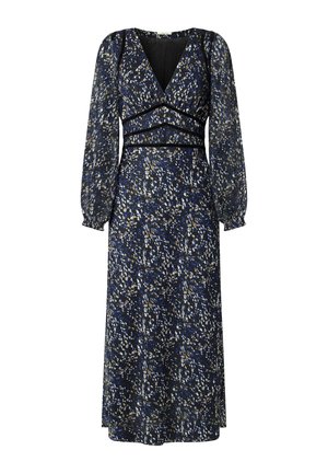 Abito a maniche lunghe di colore navy con motivo floreale in blu, giallo e bianco. Presenta un collo a V e dettagli arricciati in vita. Silhouette fluida.