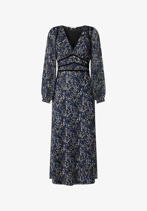 Robe à manches longues, bleu marine, avec un motif floral en bleu, jaune et blanc. Dotée d'un col en V et d'un détail froncé à la taille. Silhouette fluide.