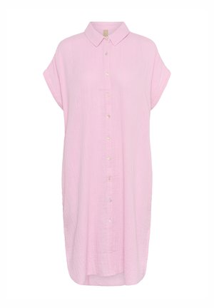 Pink, short-sleeve shirt dress with a button-down front, relaxed silhouette, and a slightly curved hem. Made of lightweight fabric.