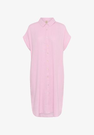 Ružičasta haljina košulja s kratkim rukavima, s dugmadi sprijeda, ležernog silueta i blago zakrivljenim rubom. Izrađena je od laganog materijala.