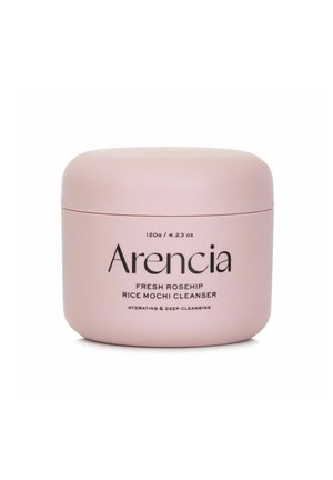 Rosa abgerundetes Gefäß des Arencia Fresh Rosehip Rice Mochi Cleanser, beschriftet für Feuchtigkeitspflege und Tiefenreinigung, 120g / 4,23 oz.
