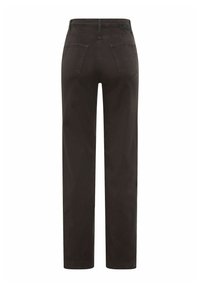 Braune gerade geschnittene Hose mit hoher Taille, ausgestattet mit zwei Gesäßtaschen und einem glatten Stofftextur. Einfaches Design, ohne Muster oder Verzierungen.