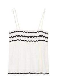 Top di camicia bianco con spalline sottili, caratterizzato da un bordo nero ondulato lungo il collo e l'orlo. Tessuto testurizzato con un design svasato.