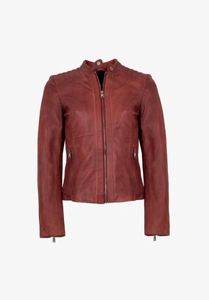 Rote Leder-Motorradjacke mit tailliertem Schnitt, gerippten Schulterakzenten und Reißverschlusstaschen. Glatte Textur und klassischer Kragen.