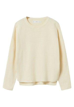 Kremowy sweter z długim rękawem, o okrągłym dekolcie i prążkowanej fakturze. Charakteryzuje się luźnym krojem i lekko skróconym dołem.