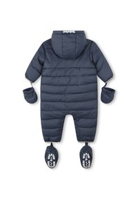 Marine puffy eendelig pak met een capuchon, elastische cuffs en geïntegreerde voetjes, met een gevoerd patroon en witte rubberen zoolprofielen.