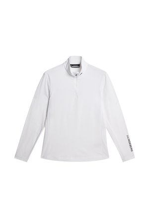 Witte long-sleeve pullover shirt met een opstaande kraag, kwart rits en logodetail op de mouw. Glad, lichtgewicht stof.