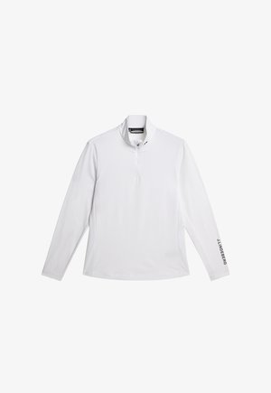 Witte long-sleeve pullover shirt met een opstaande kraag, kwart rits en logodetail op de mouw. Glad, lichtgewicht stof.