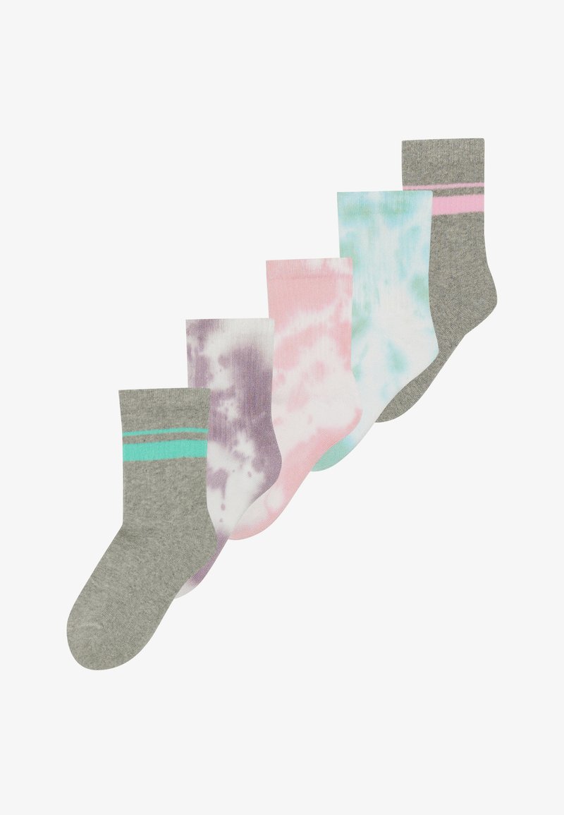 Cinq paires de chaussettes : deux grises avec divers motifs tie-dye en rose, lavande et bleu. Doux coton, de longueur cheville avec des rayures.