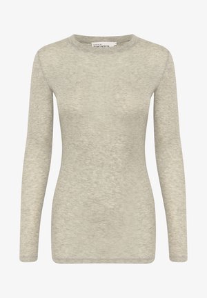 Majica s dolgimi rokavi v svetlo sivi barvi, izdelana iz mehkega, strukturiranega blaga. Ima okroglo ovratnico in prilegajoč silhuet. Preprost in vsestranski dizajn.