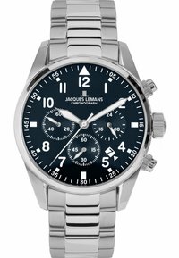 Edelstahl-Chronographenuhr mit schwarzem Zifferblatt, leuchtenden Stundenmarkierungen und drei Hilfszifferblättern. Verfügt über ein Metallarmband und eine Standardkrone.