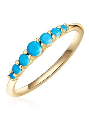 Auksinis žiedas, kuriame yra penki facetuoti turkio akmenys, sumontuoti subtiliame įlankos dizaino, lygus garantuotas su blizgiu paviršiumi.