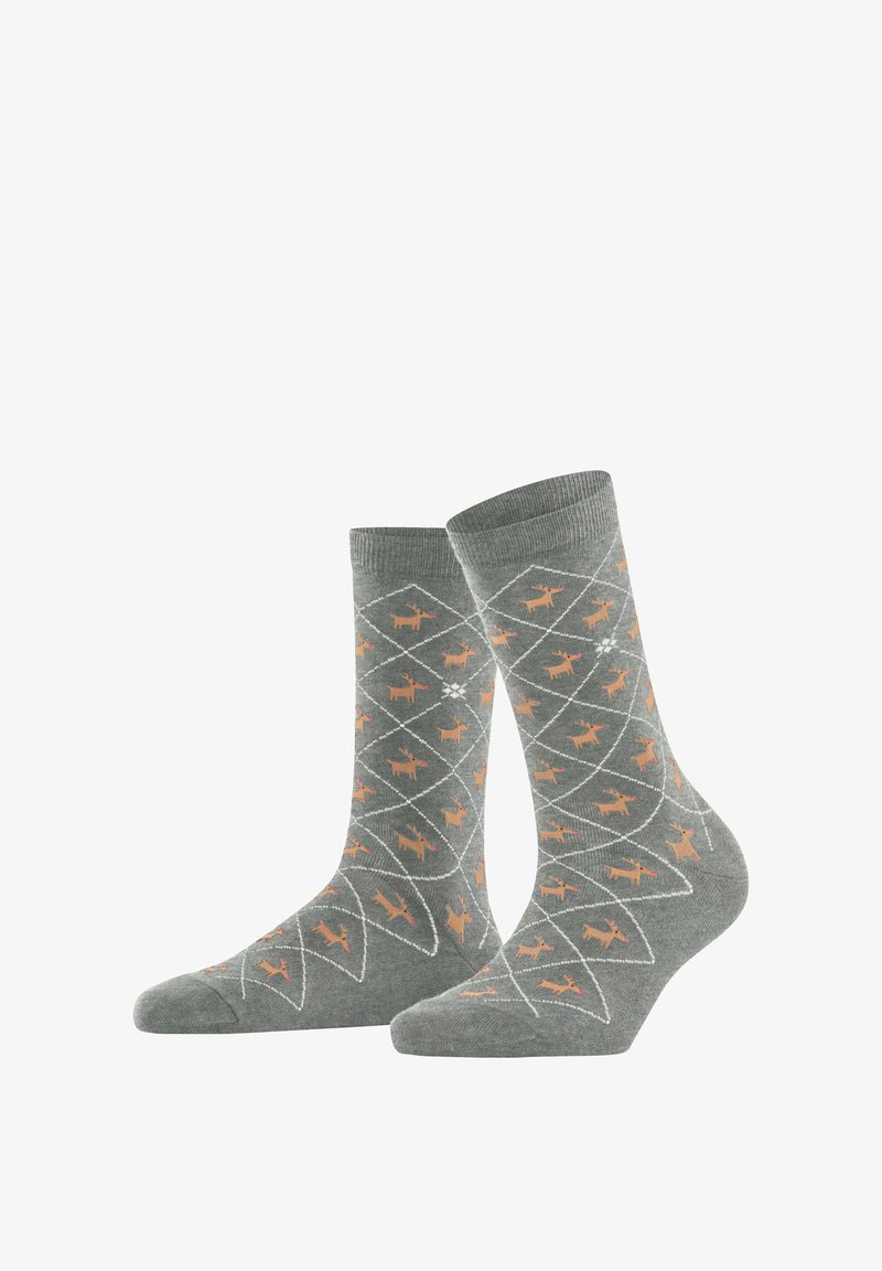 Graue Socken mit einem Rautenmuster, das orangefarbene Hirschsilhouetten und weiße Akzente aufweist. Weicher Stoff, Schafhöhe.
