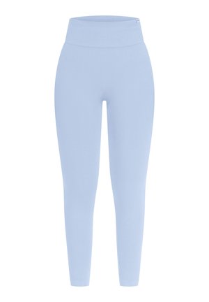 Lyseblå atletiske leggings med høj talje, lavet af strækbart, glat stof. Ingen synlige mønstre eller hardware-detaljer.
