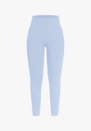 Lyseblå atletiske leggings med høj talje, lavet af strækbart, glat stof. Ingen synlige mønstre eller hardware-detaljer.
