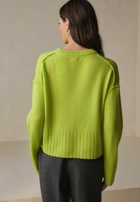 Lime zaļš adīts džemperis ar ribotu apakšmalu, kritušiem pleciem un teksturētu materiālu. Uzvilkts virs tumši pelēkiem biksēm, skatīts no aizmugures.