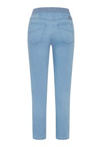 Hellblaue Denim-Jeans mit einer taillierten Passform und elastischem Bund. Verfügt über zwei Gesäßtaschen und ein gerades Bein-Design ohne sichtbare Abnutzung.