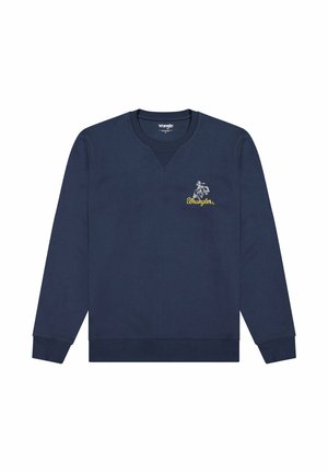 Marineblaues Langarm-Wrangler-Sweatshirt mit Rundhalsausschnitt, gerippten Bündchen und Saum, mit gelb-weiß gesticktem Logo auf der Brust.