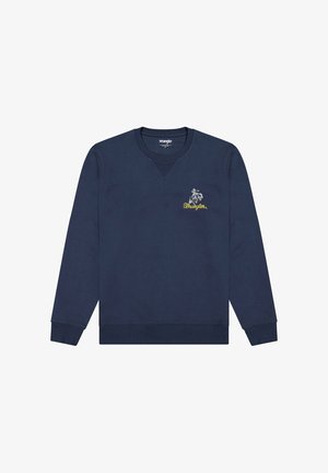 Marineblå langærmet Wrangler-sweatshirt med rund hals, ribbede manchetter og linning, med gul og hvid broderet logo på brystet.