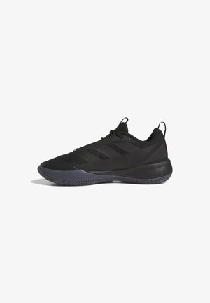 Black low-top athletic sneaker with textured sole, lace-up front, pull tabs on tongue and heel, and three tonal side stripes.