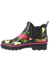 Black floral rain boot with pink accents, featuring a smooth, glossy finish, chelsea-style elastic panel, and rugged black outsole.