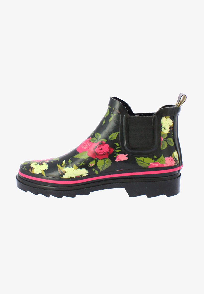 Zwarte bloemenregenlaars met roze accenten, voorzien van een gladde, glanzende afwerking, een chelsea-stijl elastische paneel en een robuuste zwarte buitenzool.